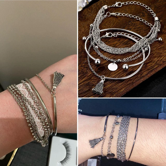 Alt view image 4 of 7 - 18 Pcs (6 Pack) Silver Bracelets Set for Women Boho Aesthetic Layered Stackable 14K Bangle Adjustable Cuff Grunge Italian Cuban Charm Chunky Simple Layering Bracelet Jewelry