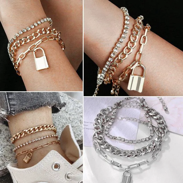 Alt view image 3 of 7 - 18 Pcs (6 Pack) Silver Bracelets Set for Women Boho Aesthetic Layered Stackable 14K Bangle Adjustable Cuff Grunge Italian Cuban Charm Chunky Simple Layering Bracelet Jewelry