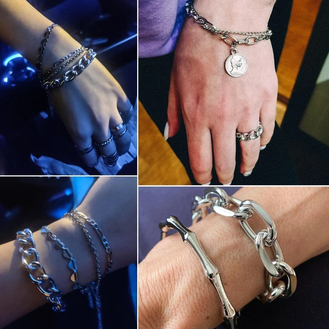 Alt view image 2 of 7 - 18 Pcs (6 Pack) Silver Bracelets Set for Women Boho Aesthetic Layered Stackable 14K Bangle Adjustable Cuff Grunge Italian Cuban Charm Chunky Simple Layering Bracelet Jewelry
