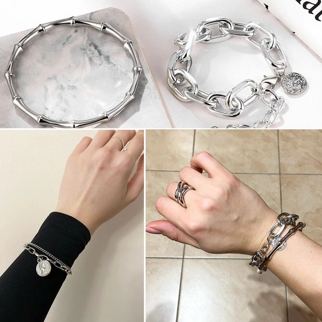 Alt view image 5 of 7 - 18 Pcs (6 Pack) Silver Bracelets Set for Women Boho Aesthetic Layered Stackable 14K Bangle Adjustable Cuff Grunge Italian Cuban Charm Chunky Simple Layering Bracelet Jewelry
