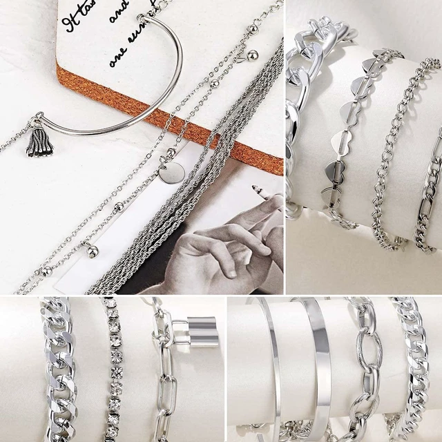 Alt view image 7 of 7 - 18 Pcs (6 Pack) Silver Bracelets Set for Women Boho Aesthetic Layered Stackable 14K Bangle Adjustable Cuff Grunge Italian Cuban Charm Chunky Simple Layering Bracelet Jewelry