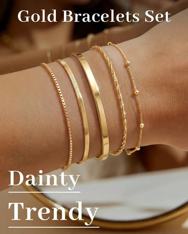 Alt view image 2 of 7 - Dainty Gold Bracelets for Women Trendy, Minimalist 14K Gold Plated Stackable Thin Bracelet Set Box Link, Paperclip, Herringbone, Sparkling Chain, Bangle Cuff