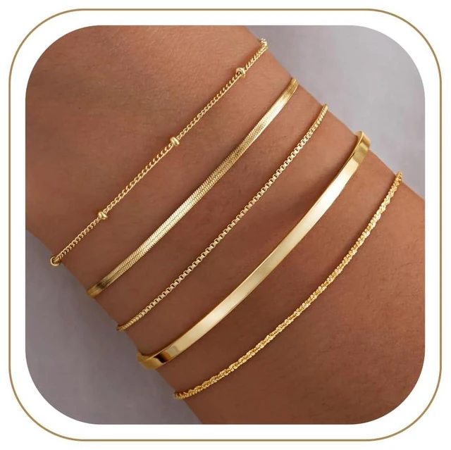 Main image of Dainty Gold Bracelets for Women Trendy, Minimalist 14K Gold Plated Stackable Thin Bracelet Set Box Link, Paperclip, Herringbone, Sparkling Chain, Bangle Cuff