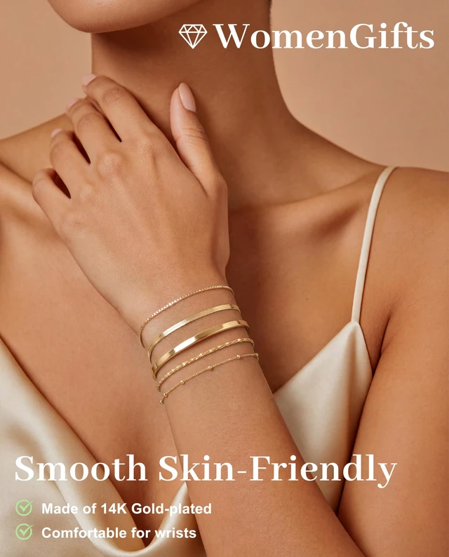 Alt view image 6 of 7 - Dainty Gold Bracelets for Women Trendy, Minimalist 14K Gold Plated Stackable Thin Bracelet Set Box Link, Paperclip, Herringbone, Sparkling Chain, Bangle Cuff
