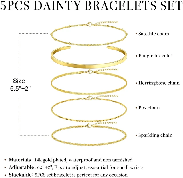 Alt view image 7 of 7 - Dainty Gold Bracelets for Women Trendy, Minimalist 14K Gold Plated Stackable Thin Bracelet Set Box Link, Paperclip, Herringbone, Sparkling Chain, Bangle Cuff