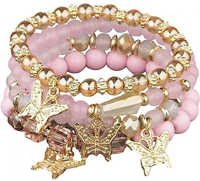 Main image of 4 Pcs Cute Butterfly Charm Pink Bracelets Set Gold Beaded Stackable Stretch Bracelets Bohemian Summer Jewelry Gifts for Women