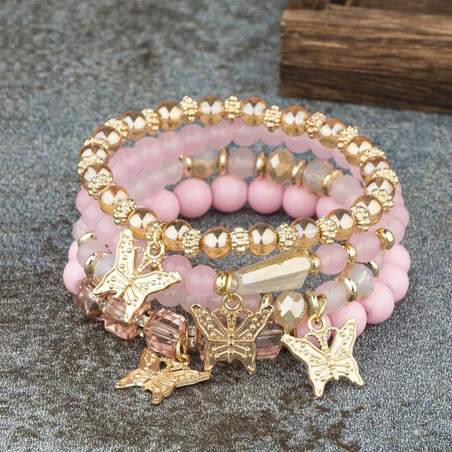 Alt view image 2 of 5 - 4 Pcs Cute Butterfly Charm Pink Bracelets Set Gold Beaded Stackable Stretch Bracelets Bohemian Summer Jewelry Gifts for Women