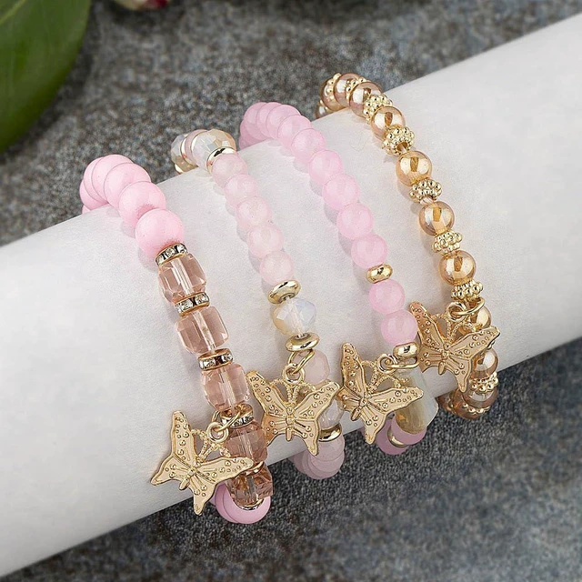 Alt view image 3 of 5 - 4 Pcs Cute Butterfly Charm Pink Bracelets Set Gold Beaded Stackable Stretch Bracelets Bohemian Summer Jewelry Gifts for Women