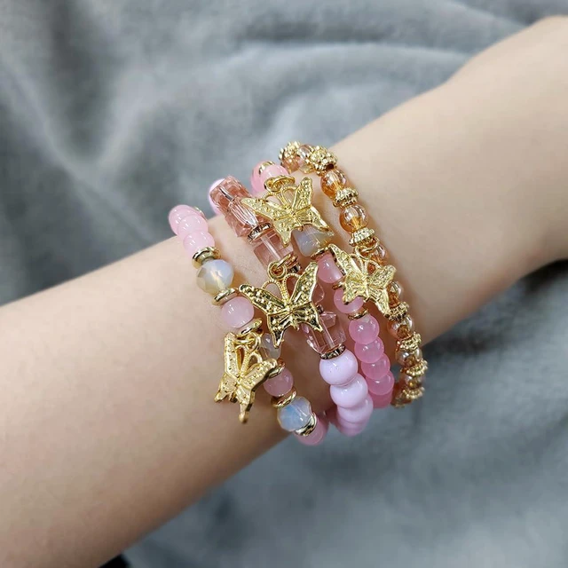 Alt view image 4 of 5 - 4 Pcs Cute Butterfly Charm Pink Bracelets Set Gold Beaded Stackable Stretch Bracelets Bohemian Summer Jewelry Gifts for Women