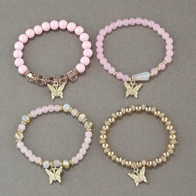 Alt view image 5 of 5 - 4 Pcs Cute Butterfly Charm Pink Bracelets Set Gold Beaded Stackable Stretch Bracelets Bohemian Summer Jewelry Gifts for Women