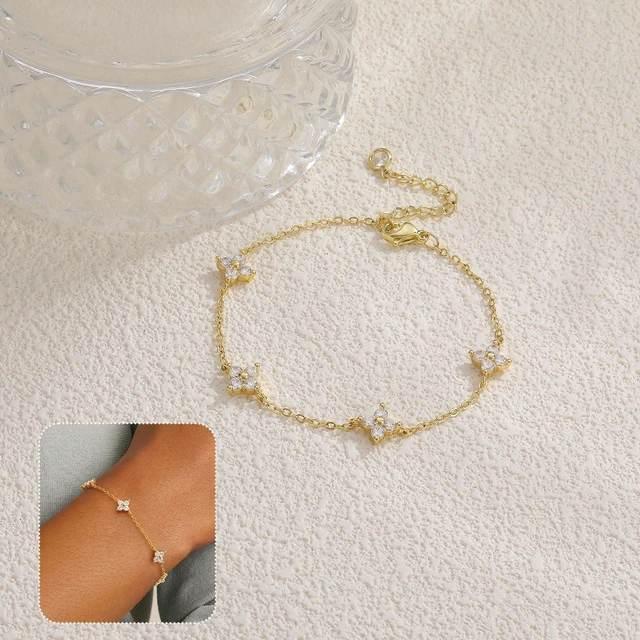Alt view image 3 of 7 - Gold Bracelets for Women Non Tarnish 14K Gold Plated Clover Bracelet | Dainty Gold Bracelet Stack, 14K Gold Plated, Cute Cubic Zirconia Diamond Charm, Womens Bracelets, Waterproof Jewelry Gifts