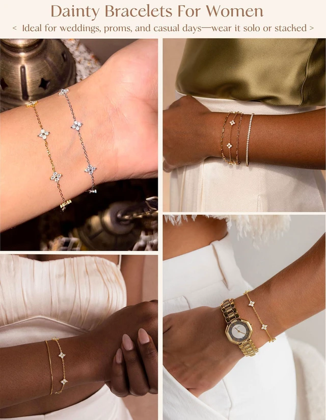 Alt view image 4 of 7 - Gold Bracelets for Women Non Tarnish 14K Gold Plated Clover Bracelet | Dainty Gold Bracelet Stack, 14K Gold Plated, Cute Cubic Zirconia Diamond Charm, Womens Bracelets, Waterproof Jewelry Gifts
