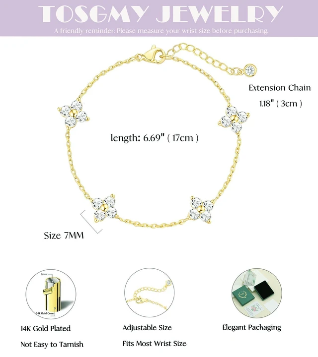 Alt view image 5 of 7 - Gold Bracelets for Women Non Tarnish 14K Gold Plated Clover Bracelet | Dainty Gold Bracelet Stack, 14K Gold Plated, Cute Cubic Zirconia Diamond Charm, Womens Bracelets, Waterproof Jewelry Gifts