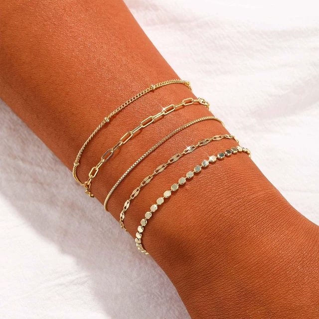 Alt view image 2 of 6 - Gold Bracelets for Women Waterproof Dainty 14K Gold Plated Stackable Cuban Beaded Link Snake Lip Paperclip Chain Bracelets Fashion Jewelry Gift for Women