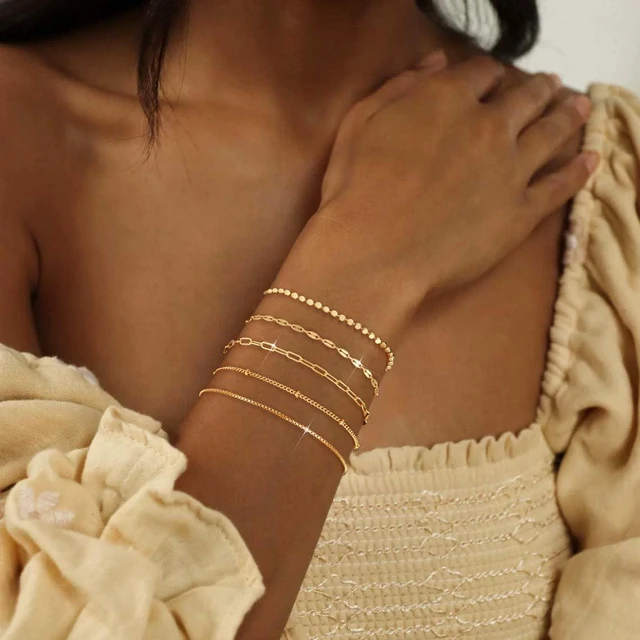 Alt view image 4 of 6 - Gold Bracelets for Women Waterproof Dainty 14K Gold Plated Stackable Cuban Beaded Link Snake Lip Paperclip Chain Bracelets Fashion Jewelry Gift for Women