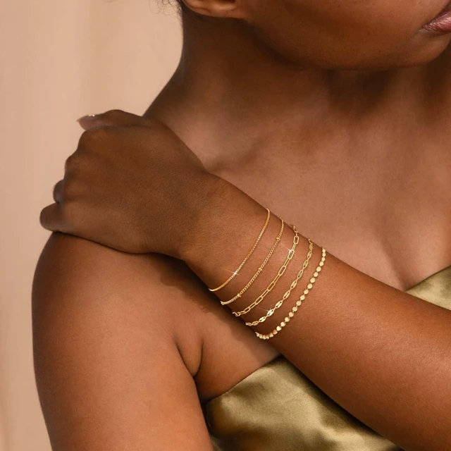 Alt view image 3 of 6 - Gold Bracelets for Women Waterproof Dainty 14K Gold Plated Stackable Cuban Beaded Link Snake Lip Paperclip Chain Bracelets Fashion Jewelry Gift for Women