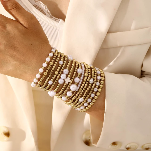Alt view image 3 of 7 - Gold Plated Bead & Pearl Bracelets for Women, 16PC Stackable Stretch Set | Elastic cord fits 6-7cm wrists; hypoallergenic, lead & nickel free; gift for Mom, Wife, Daughter, Birthday, Anniversary