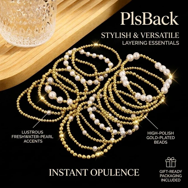 Alt view image 2 of 7 - Gold Plated Bead & Pearl Bracelets for Women, 16PC Stackable Stretch Set | Elastic cord fits 6-7cm wrists; hypoallergenic, lead & nickel free; gift for Mom, Wife, Daughter, Birthday, Anniversary