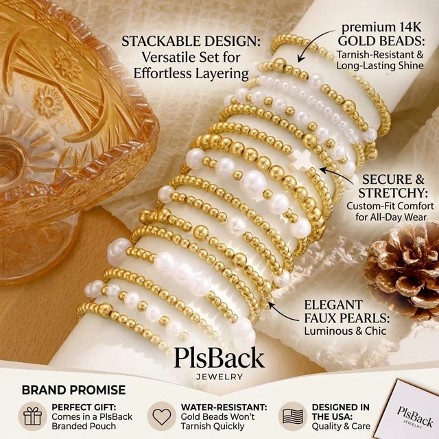 Alt view image 7 of 7 - Gold Plated Bead & Pearl Bracelets for Women, 16PC Stackable Stretch Set | Elastic cord fits 6-7cm wrists; hypoallergenic, lead & nickel free; gift for Mom, Wife, Daughter, Birthday, Anniversary