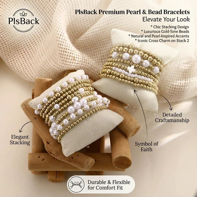 Alt view image 5 of 7 - Gold Plated Bead & Pearl Bracelets for Women, 16PC Stackable Stretch Set | Elastic cord fits 6-7cm wrists; hypoallergenic, lead & nickel free; gift for Mom, Wife, Daughter, Birthday, Anniversary