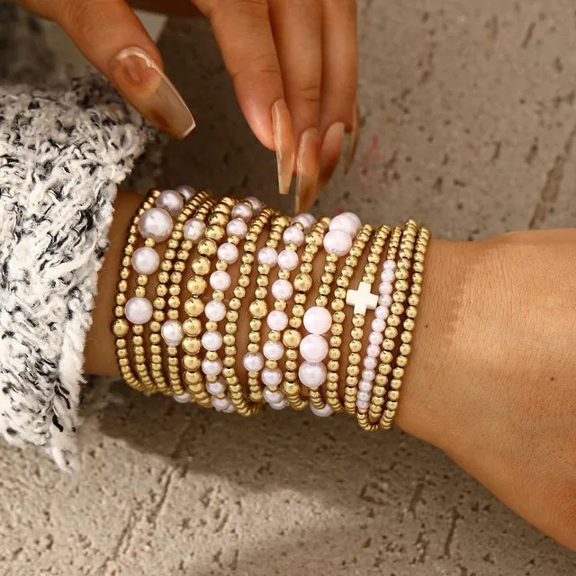 Alt view image 6 of 7 - Gold Plated Bead & Pearl Bracelets for Women, 16PC Stackable Stretch Set | Elastic cord fits 6-7cm wrists; hypoallergenic, lead & nickel free; gift for Mom, Wife, Daughter, Birthday, Anniversary