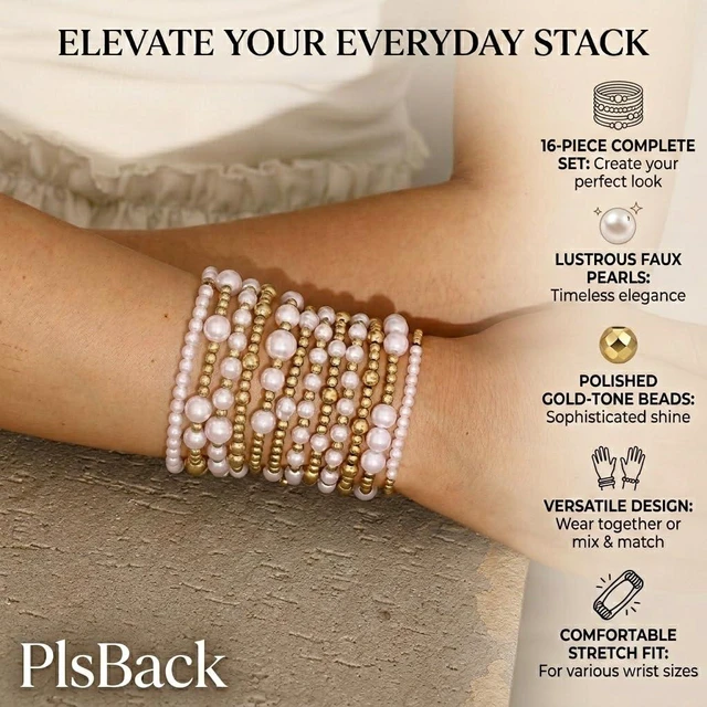 Alt view image 4 of 7 - Gold Plated Bead & Pearl Bracelets for Women, 16PC Stackable Stretch Set | Elastic cord fits 6-7cm wrists; hypoallergenic, lead & nickel free; gift for Mom, Wife, Daughter, Birthday, Anniversary