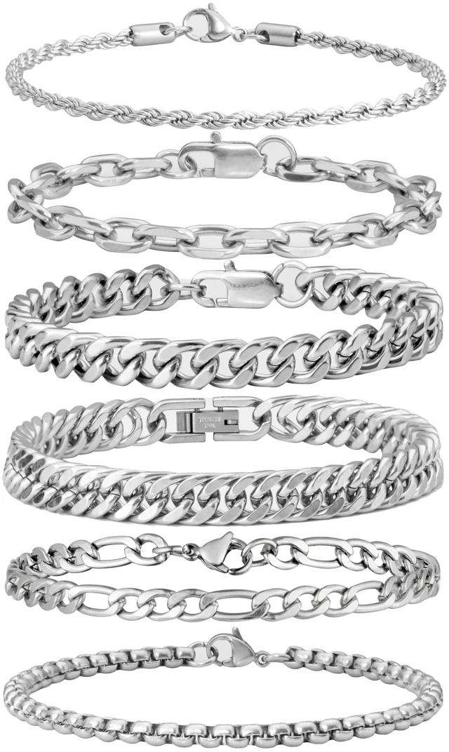 Main image of 6Pcs Silver Stainless Steel Bracelets for Women Men 6.5 Inches | Cuban Link Rope Paperclip Chain Bracelets Set Mens Women Jewelry Set