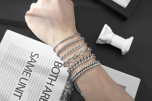 Alt view image 2 of 6 - 6Pcs Silver Stainless Steel Bracelets for Women Men 6.5 Inches | Cuban Link Rope Paperclip Chain Bracelets Set Mens Women Jewelry Set