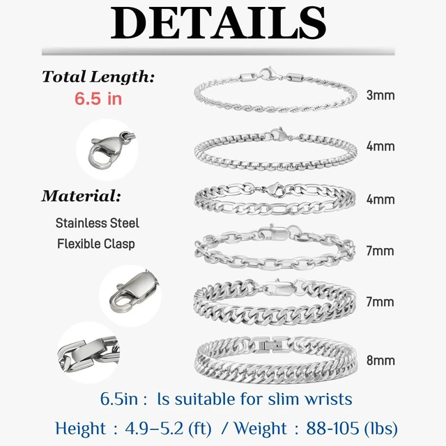 Alt view image 4 of 6 - 6Pcs Silver Stainless Steel Bracelets for Women Men 6.5 Inches | Cuban Link Rope Paperclip Chain Bracelets Set Mens Women Jewelry Set
