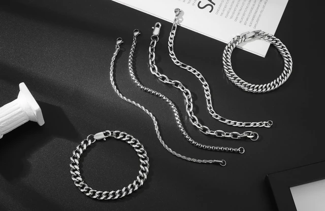 Alt view image 6 of 6 - 6Pcs Silver Stainless Steel Bracelets for Women Men 6.5 Inches | Cuban Link Rope Paperclip Chain Bracelets Set Mens Women Jewelry Set