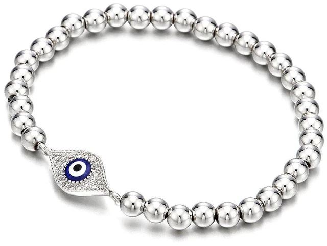 Main image of Women's Silver-Tone Evil Eye Beaded Bracelet,Pavé Crystal, Elegant Protective Charm Jewelry, Talisman Accessory for Daily Wear and Gifting