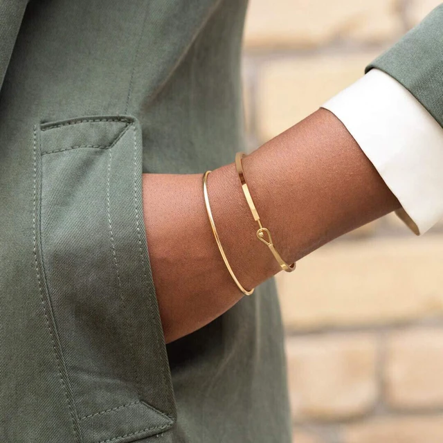 Alt view image 4 of 5 - Thin Cuff Bangle Hook Bracelet 18K Gold Personalized Open Clasp Oval Inspiration Bangle Bracelet for Women