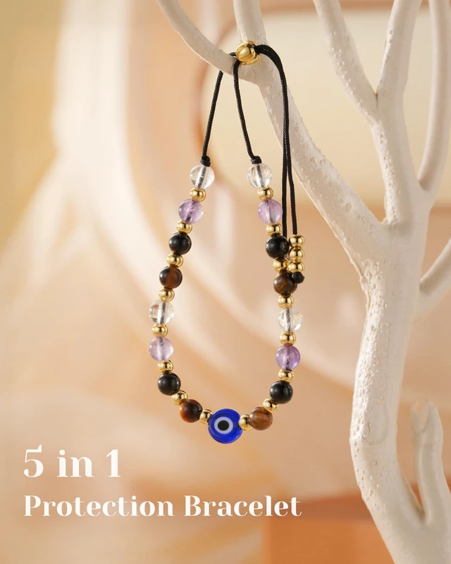 Alt view image 3 of 7 - Evil Eye Bracelets Protection Crystal Bracelets for Women | Amethyst, Clear Quartz, Black Tourmaline & Tiger Eye 4mm Beads, Mal de Ojo Charm, Adjustable to 10.2 in