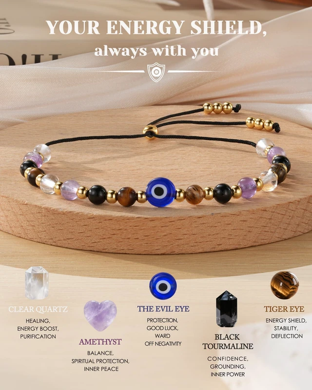 Alt view image 4 of 7 - Evil Eye Bracelets Protection Crystal Bracelets for Women | Amethyst, Clear Quartz, Black Tourmaline & Tiger Eye 4mm Beads, Mal de Ojo Charm, Adjustable to 10.2 in