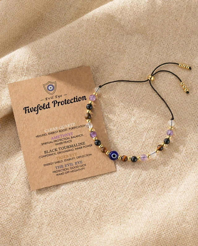 Alt view image 5 of 7 - Evil Eye Bracelets Protection Crystal Bracelets for Women | Amethyst, Clear Quartz, Black Tourmaline & Tiger Eye 4mm Beads, Mal de Ojo Charm, Adjustable to 10.2 in