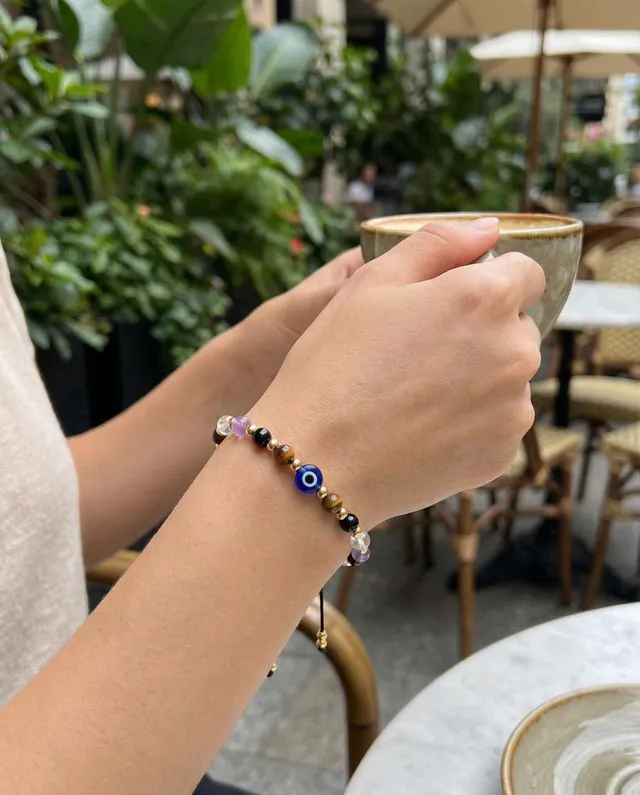 Alt view image 7 of 7 - Evil Eye Bracelets Protection Crystal Bracelets for Women | Amethyst, Clear Quartz, Black Tourmaline & Tiger Eye 4mm Beads, Mal de Ojo Charm, Adjustable to 10.2 in