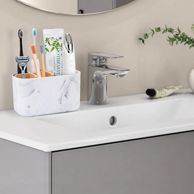 Alt view image 2 of 6 - Toothbrush Holders for Bathrooms, 5 Slots Bamboo Toothbrush Holder Kids Electric Toothbrush Holder and Toothpaste Holder for Bathroom Countertop Accessories Storage, Marble Toothbrush Organizer