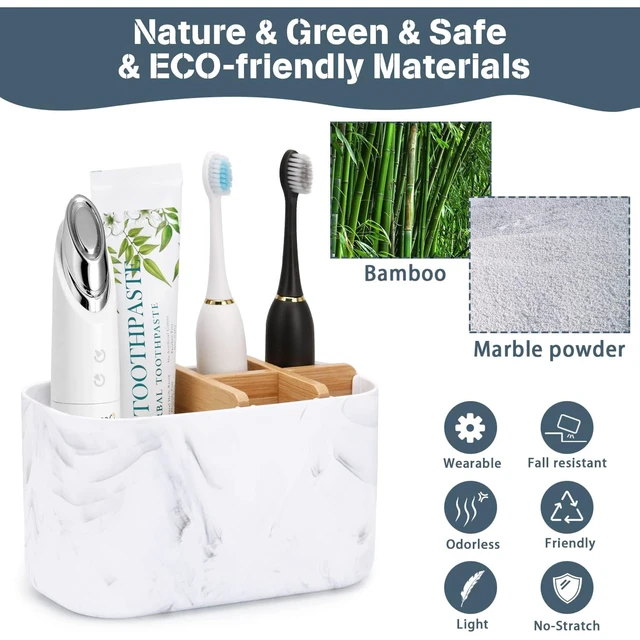 Alt view image 3 of 6 - Toothbrush Holders for Bathrooms, 5 Slots Bamboo Toothbrush Holder Kids Electric Toothbrush Holder and Toothpaste Holder for Bathroom Countertop Accessories Storage, Marble Toothbrush Organizer