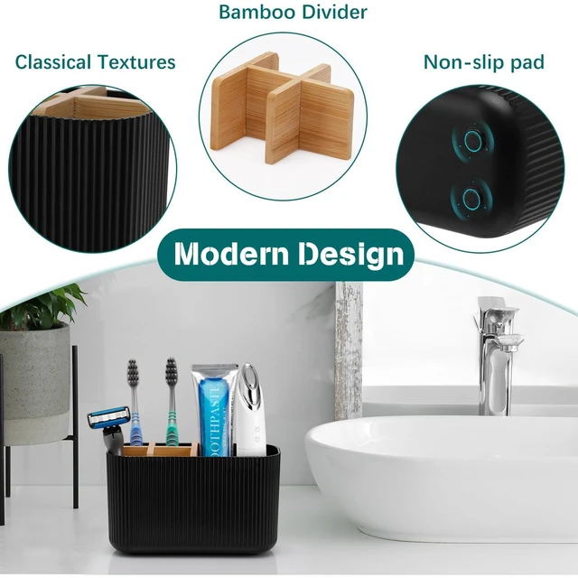Alt view image 3 of 7 - Black Toothbrush Holder, 5 Slots Bathroom Organizers and Storage | Bamboo Toothbrush Holder, Kids Electric Toothbrush Holder and Toothpaste Storage for Bathroom Sink Organizer