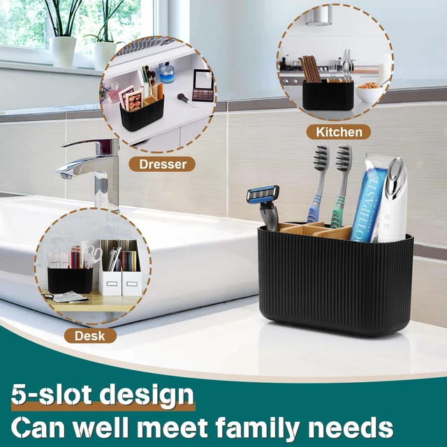 Alt view image 7 of 7 - Black Toothbrush Holder, 5 Slots Bathroom Organizers and Storage | Bamboo Toothbrush Holder, Kids Electric Toothbrush Holder and Toothpaste Storage for Bathroom Sink Organizer