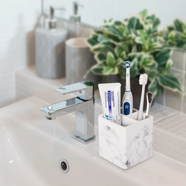 Alt view image 2 of 6 - Diatomite Toothbrush Holders Tooth Brush Organizer - Marble White | Water-Absorbent Material, 3 Slots for Electric Toothbrush and Toothpaste, for Bathroom Countertop, Shower, Vanity