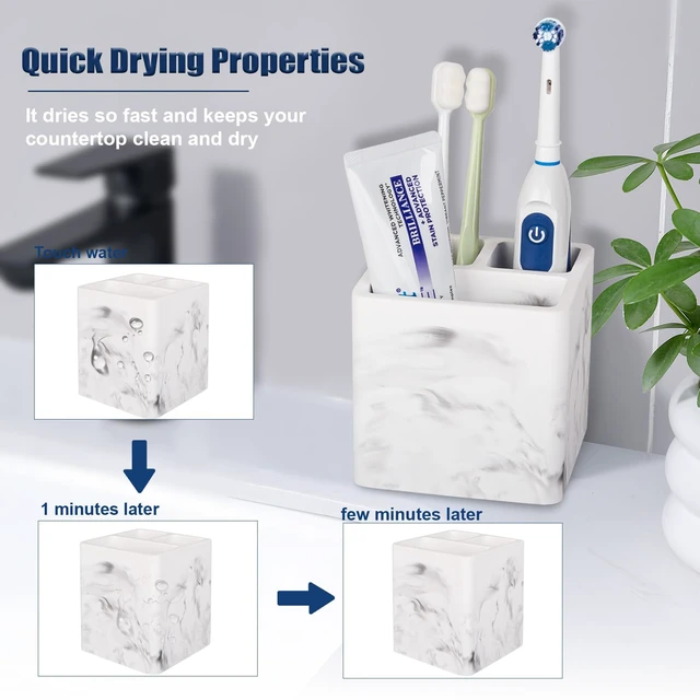 Alt view image 3 of 6 - Diatomite Toothbrush Holders Tooth Brush Organizer - Marble White | Water-Absorbent Material, 3 Slots for Electric Toothbrush and Toothpaste, for Bathroom Countertop, Shower, Vanity