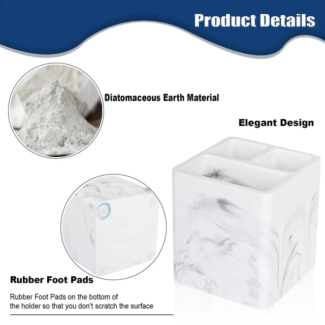 Alt view image 4 of 6 - Diatomite Toothbrush Holders Tooth Brush Organizer - Marble White | Water-Absorbent Material, 3 Slots for Electric Toothbrush and Toothpaste, for Bathroom Countertop, Shower, Vanity