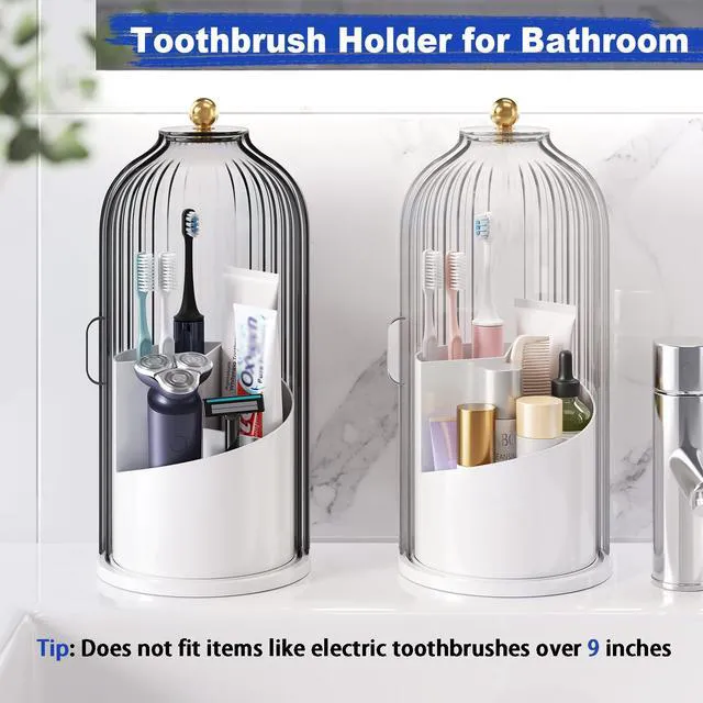 Alt view image 7 of 7 - Dustproof Toothbrush Holders with Cover for Bathrooms, Tooth Brush Holder | Rotating Covered Organizer for Bathroom Counter, Enclosed Dust Proof Makeup Brush Holder with Sliding Lid/Covers for Vanity