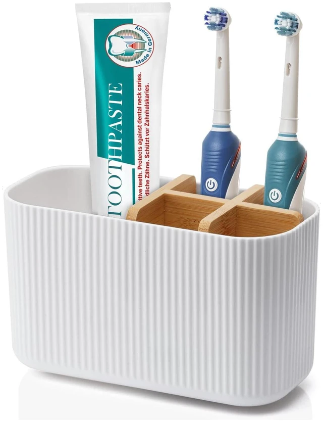 Main image of White Toothbrush Holder, 5 Slots Bathroom Storage Organizer | Bamboo Toothbrush Holder, Kids Electric Toothbrush Holder and Toothpaste Storage for Bathroom Sink Organizer