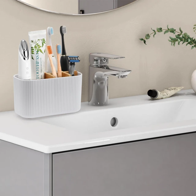 Alt view image 2 of 6 - White Toothbrush Holder, 5 Slots Bathroom Storage Organizer | Bamboo Toothbrush Holder, Kids Electric Toothbrush Holder and Toothpaste Storage for Bathroom Sink Organizer