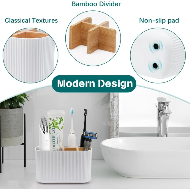 Alt view image 3 of 6 - White Toothbrush Holder, 5 Slots Bathroom Storage Organizer | Bamboo Toothbrush Holder, Kids Electric Toothbrush Holder and Toothpaste Storage for Bathroom Sink Organizer