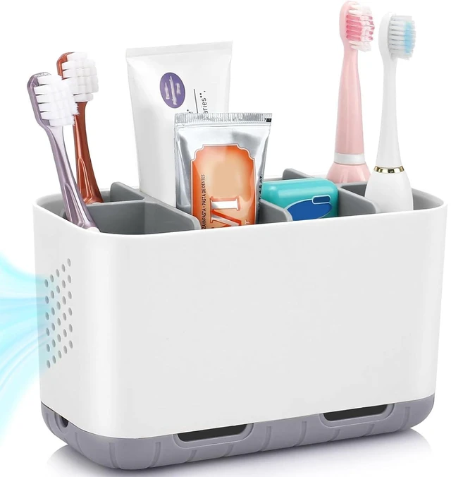 Main image of Toothbrush and Toothpaste Holder Drainage for Bathroom Countertop with Adjustable Dividers, Large Toothpaste Caddy Organizer Storage Rustic Decor Set Anti-Slip for Shower,Family,Kids Gray