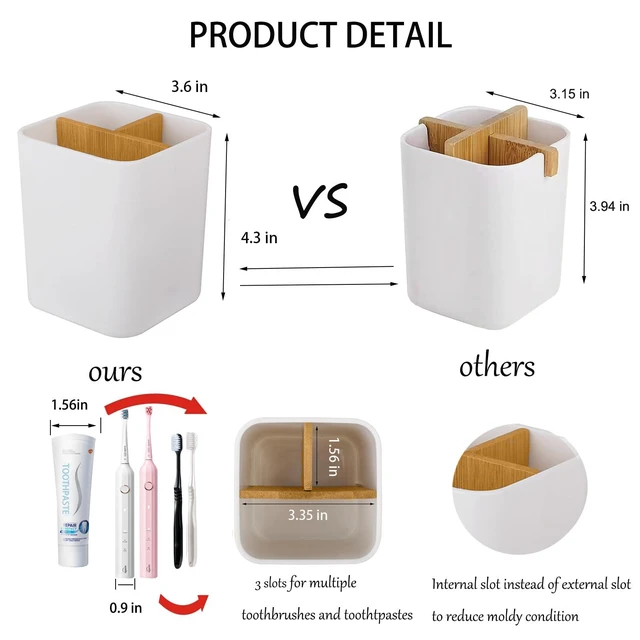 Alt view image 2 of 6 - Bamboo Toothbrush Holder for Bathrooms Toothpaste Organizer - White | Detachable Inserts, 3 Slots, Bathroom Counter Organizer, for Kids Electric Toothbrushes, Floss, Razors