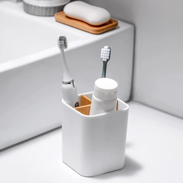 Alt view image 3 of 6 - Bamboo Toothbrush Holder for Bathrooms Toothpaste Organizer - White | Detachable Inserts, 3 Slots, Bathroom Counter Organizer, for Kids Electric Toothbrushes, Floss, Razors